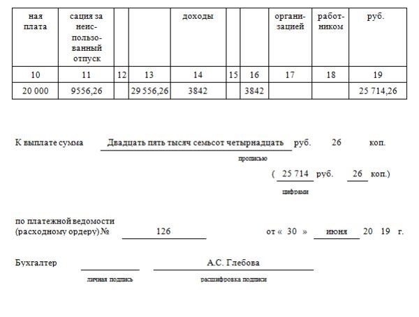 Документ о выдаче финансовой компенсации за неиспользованный отпуск при завершении трудового контракта